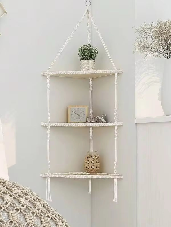 1pc Corner Shelves , Boho Handmade Woven White Rope Beige Hanging Floating Shelf Decor Display Storage Organizer For Bedroom Bathroom Office Living Room,Home Decor ,Room Decor,Wall Decor Gifts Birthday Graduation