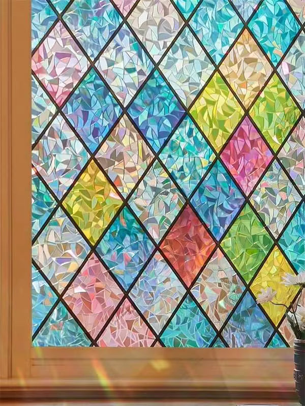 1 Roll Window Privacy Film Stained Glass Window Clings 3D Rainbow Window Film For Glass Door Decorative Colorful Lattice Window Glass Stickers Static Cling Sun Blocking Window Coverings For Home Gifts Birthday Graduation