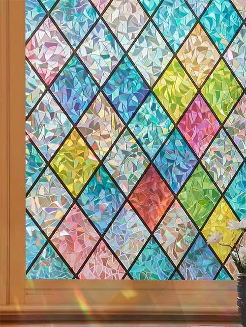 1 Roll Window Privacy Film Stained Glass Window Clings 3D Rainbow Window Film For Glass Door Decorative Colorful Lattice Window Glass Stickers Static Cling Sun Blocking Window Coverings For Home Gifts Birthday Graduation