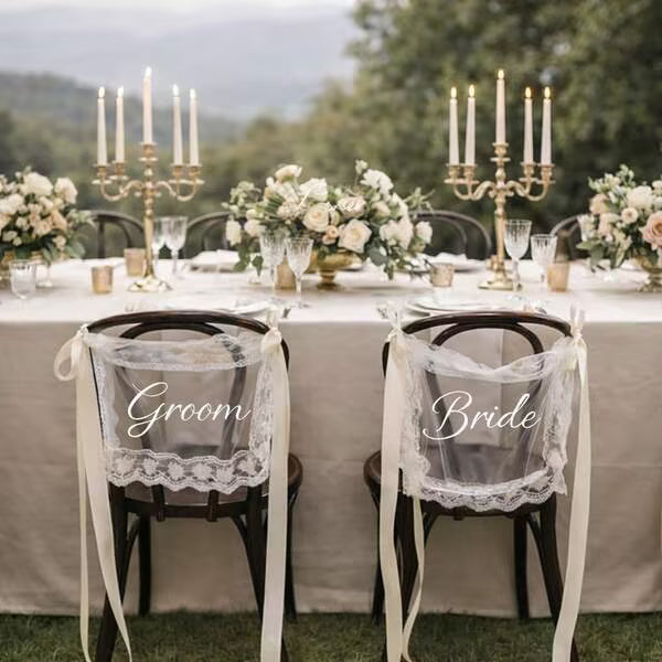 1 Set Bride & Groom/Wedding Chair Back Decor, Elegant Lace Chair Back Decoration With White Satin Ribbon, Romantic Outdoor Ceremony Reception Chair Cover, Country Garden Wedding Bride Table Decor, Wedding Party/Sweetheart Table Party Decoration